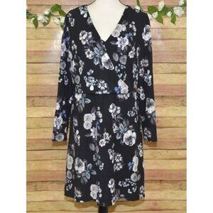 Adrianna Papell Women's Size 14 Black Floral A-line Dress Faux Wrap Knee Length